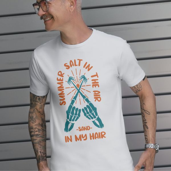 Unisex Round Collar t-shirt for your Summer practice with Summer Salt in the air Sand in my hair