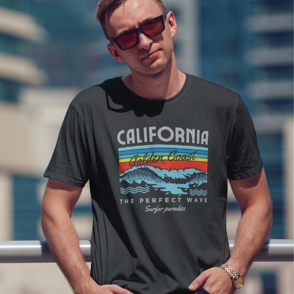 Unisex Round Collar t-shirt for your Summer practice with California Golden Coast The Perfect Wave Surfer Paradise